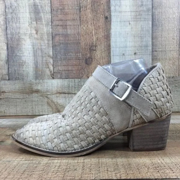 Rebel Gates Tan Leather Woven Weave Ankle Bootie Womens 8.5 Buckle Heeled Boots - Picture 6 of 12